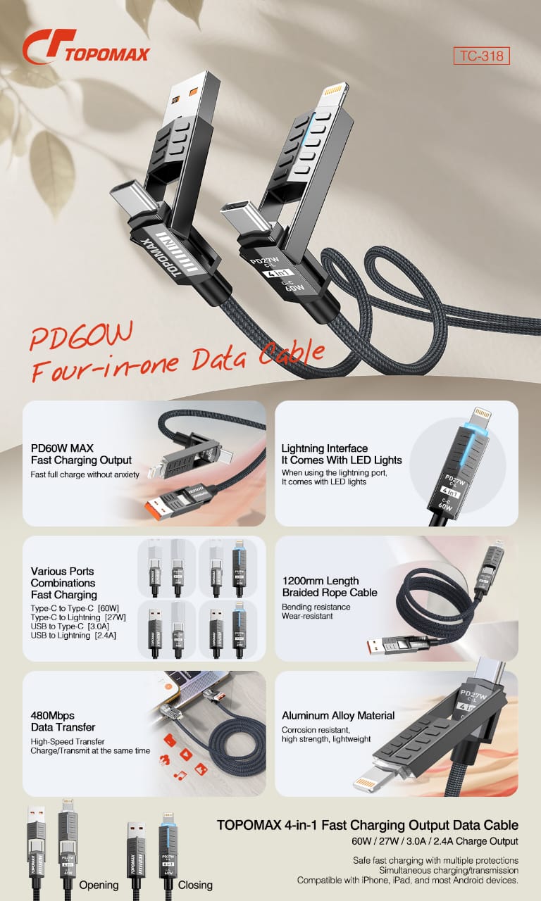 TOPOMAX 60W 4-in-1 Travel Cable TC-318 - USB-C/USB-A to USB-C/Lightning (1.2m/4ft)
