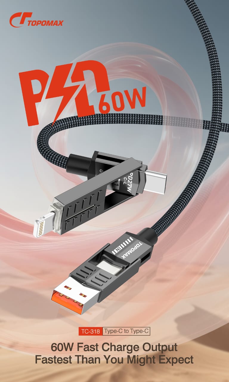 TOPOMAX 60W 4-in-1 Travel Cable TC-318 - USB-C/USB-A to USB-C/Lightning (1.2m/4ft)