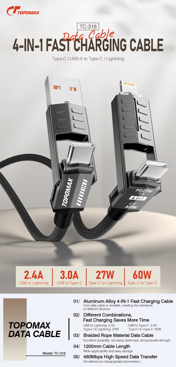 TOPOMAX 60W 4-in-1 Travel Cable TC-318 - USB-C/USB-A to USB-C/Lightning (1.2m/4ft)