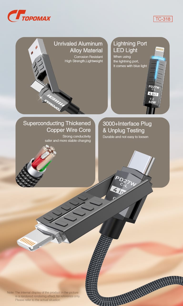 TOPOMAX 60W 4-in-1 Travel Cable TC-318 - USB-C/USB-A to USB-C/Lightning (1.2m/4ft)