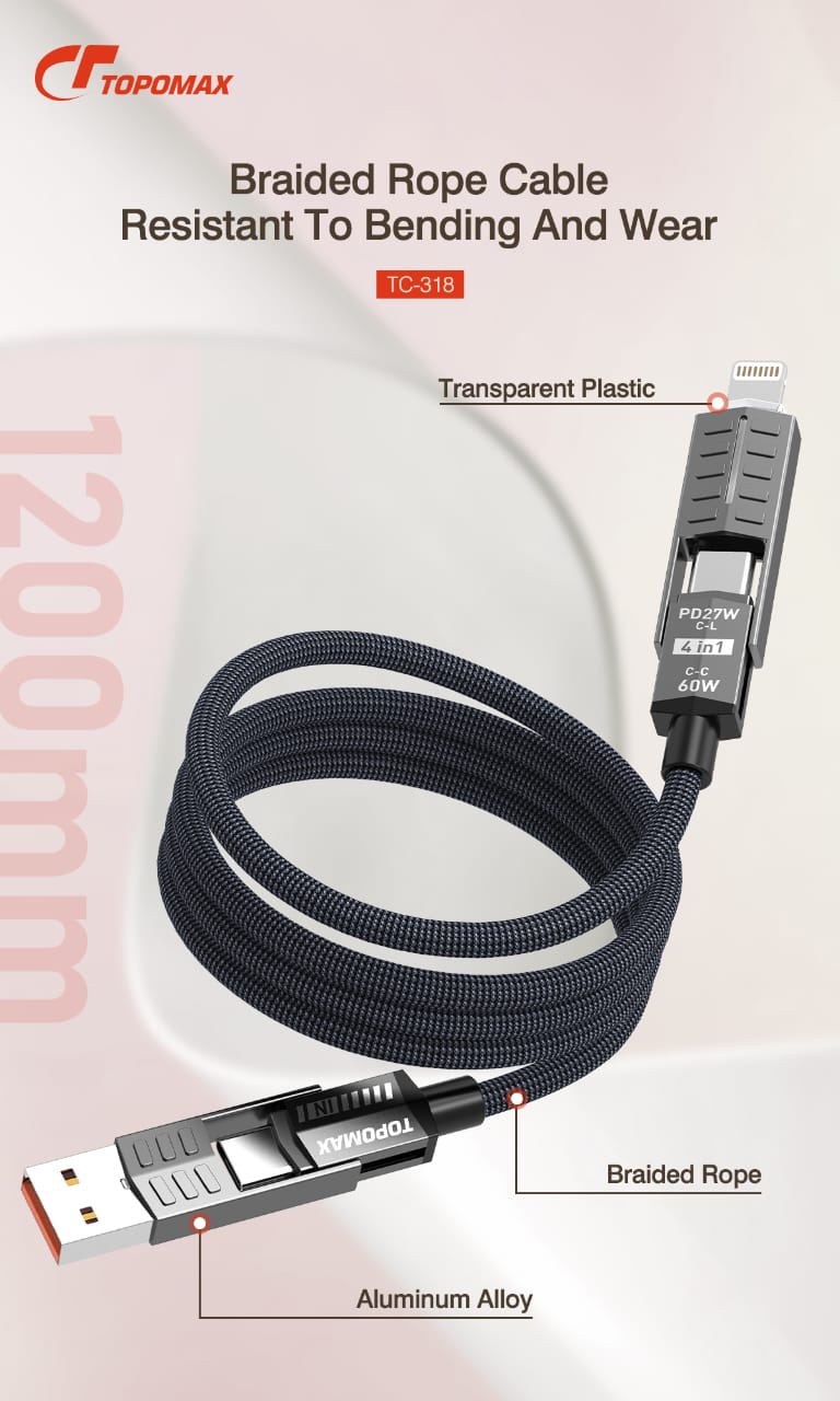 TOPOMAX 60W 4-in-1 Travel Cable TC-318 - USB-C/USB-A to USB-C/Lightning (1.2m/4ft)