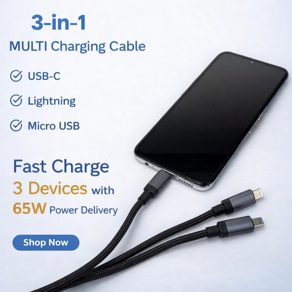 IMENSO 3-in-1 65W Fast Charging Cable with Digital Power Display