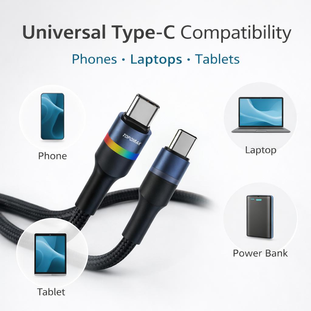 TOPOMAX TC-305CC | 100W PD Ultra-Fast USB-C to USB-C Intelligent Glow Charging Cable