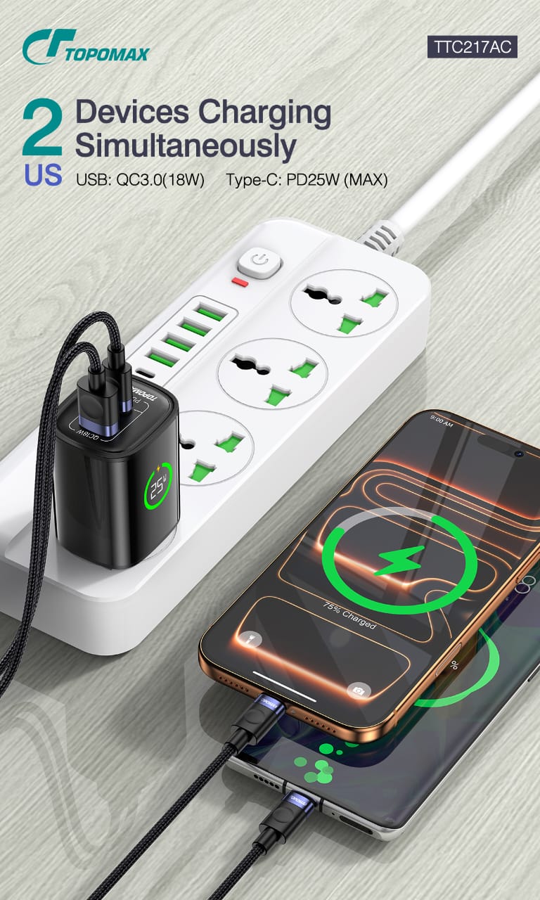 TOPOMAX 25W Dual Ports Fast Charger TTC-F217AC - QC3.0+PD with LED Power Display (EU Plug)