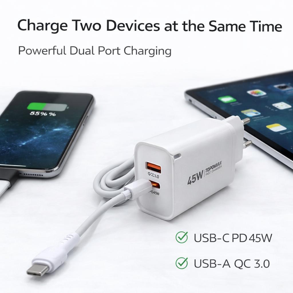 TOPOMAX 45W Dual Port Fast Wall Charger | PD 45W & QC 3.0 | Compact Travel Adapter