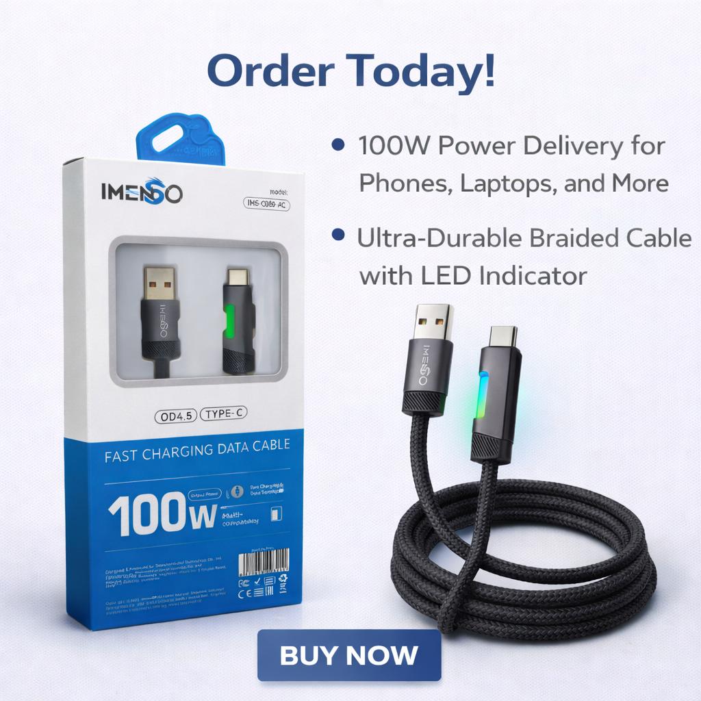 Title: IMENSO 100W Fast Charging Data Cable – Ultra-Durable Braided USB to Type-C Power Delivery Cable for Laptops, Phones & Tablets
