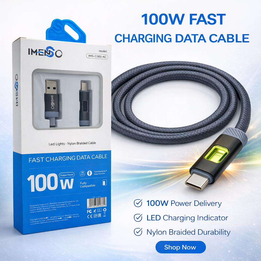 IMENSO 100W USB-A to USB-C Fast Charging Data Cable with Smart LED Indicator