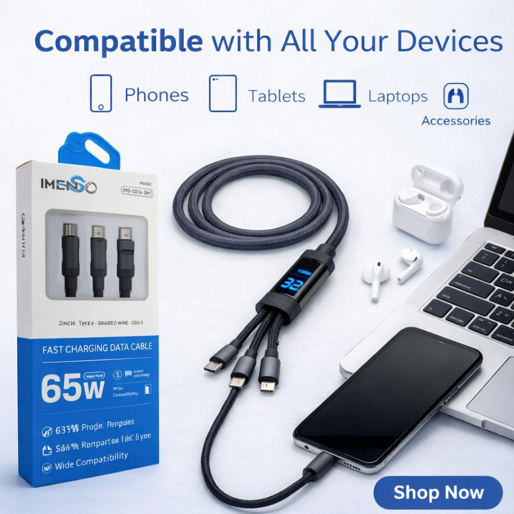 IMENSO 3-in-1 65W Fast Charging Cable with Digital Power Display
