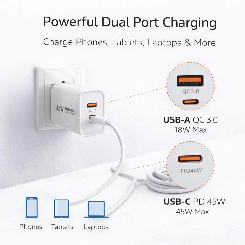 TOPOMAX 45W Dual Port Fast Wall Charger | PD 45W & QC 3.0 | Compact Travel Adapter