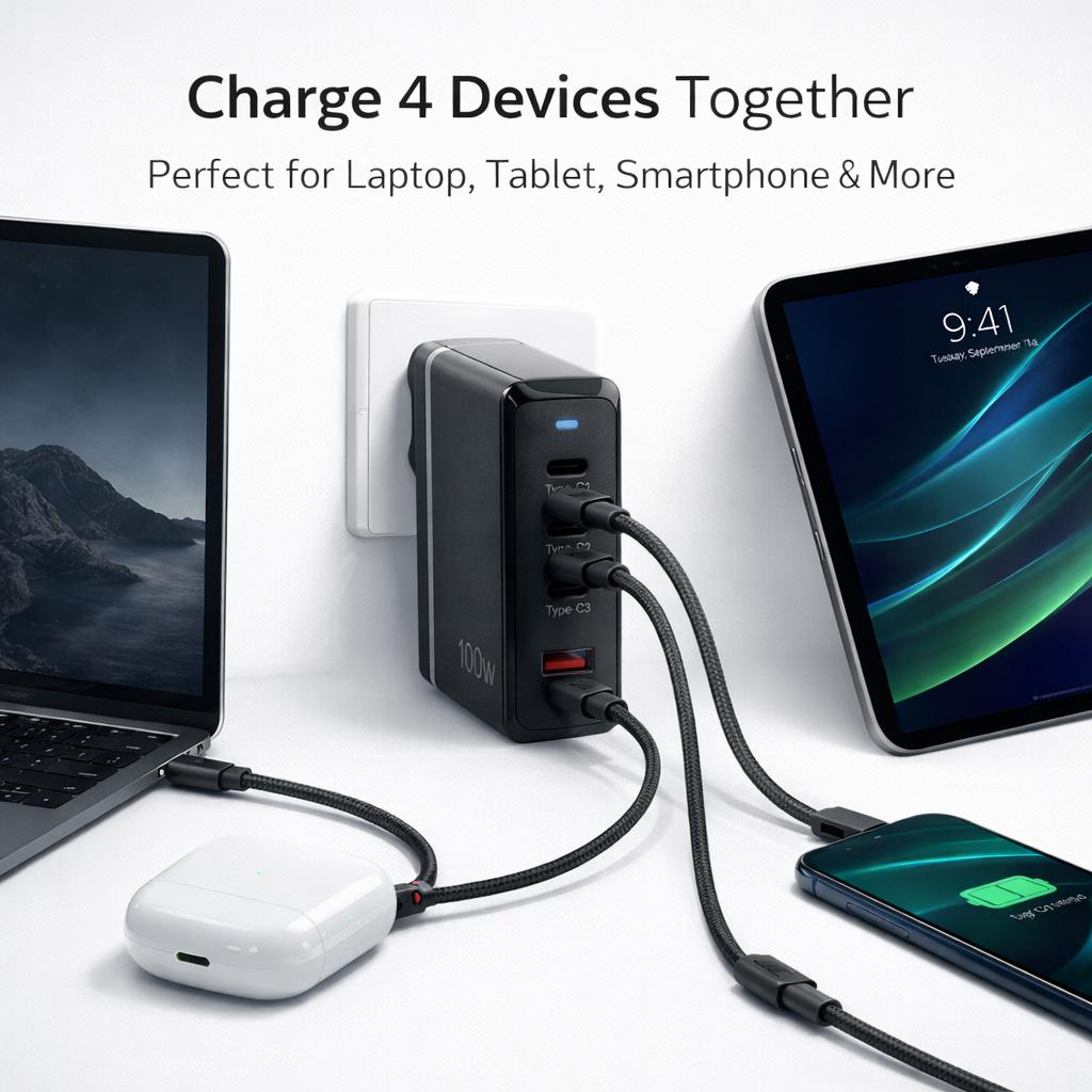 100W GaN 4-Port Super Fast Wall Charger – Universal Travel Power Adapter