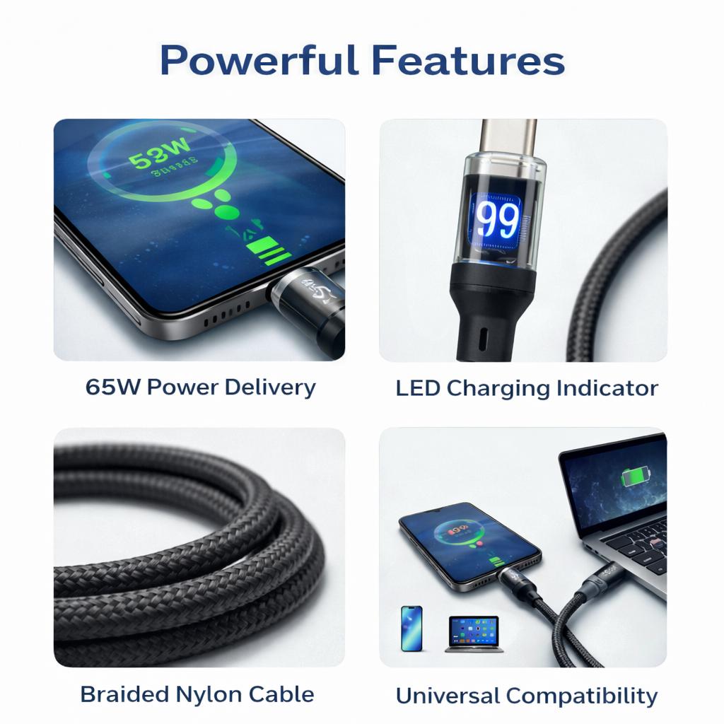 IMENSO 65W Fast Charging USB-C to USB-C Cable with Smart LED Display