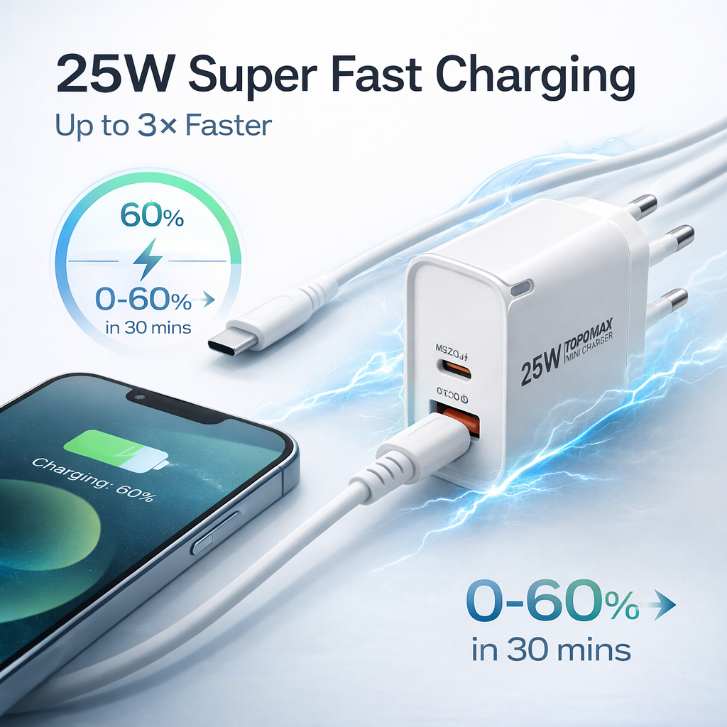 TOPOMAX 25W Dual Port Fast Charger – PD 25W & QC 18W