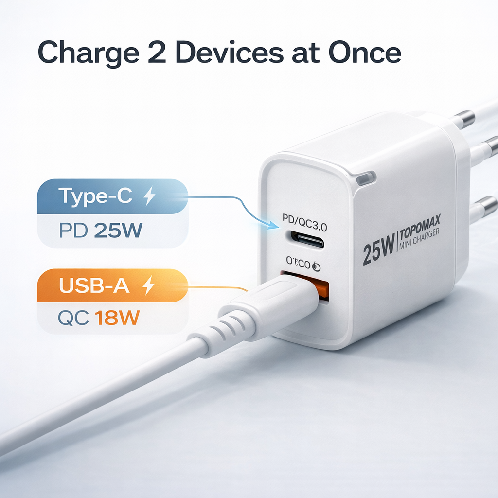 TOPOMAX 25W Dual Port Fast Charger – PD 25W & QC 18W