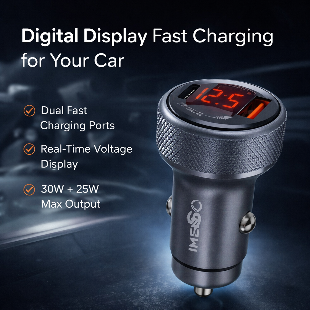 IMENSO 56W Dual Port Fast Car Charger with Real-Time Voltage Display