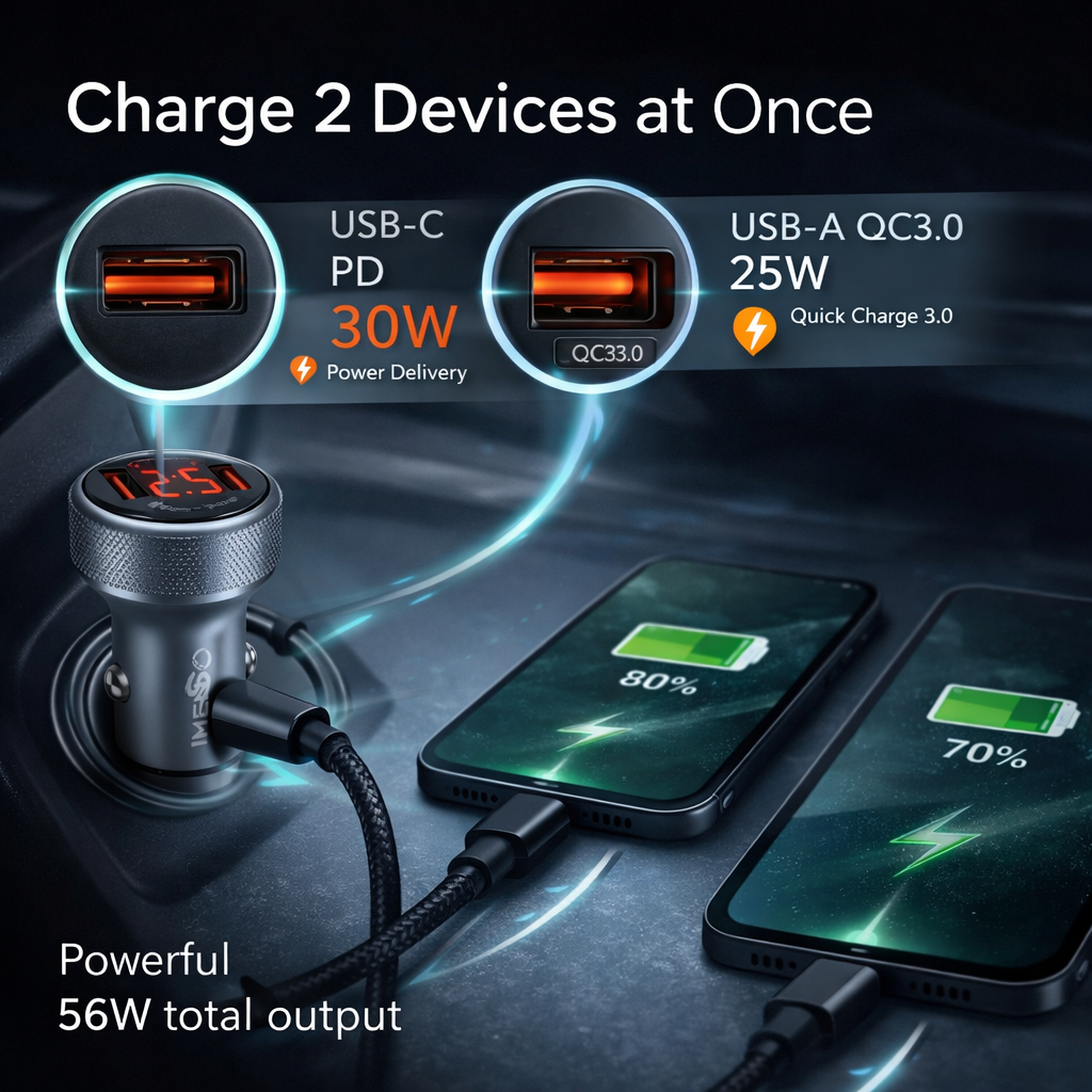 IMENSO 56W Dual Port Fast Car Charger with Real-Time Voltage Display