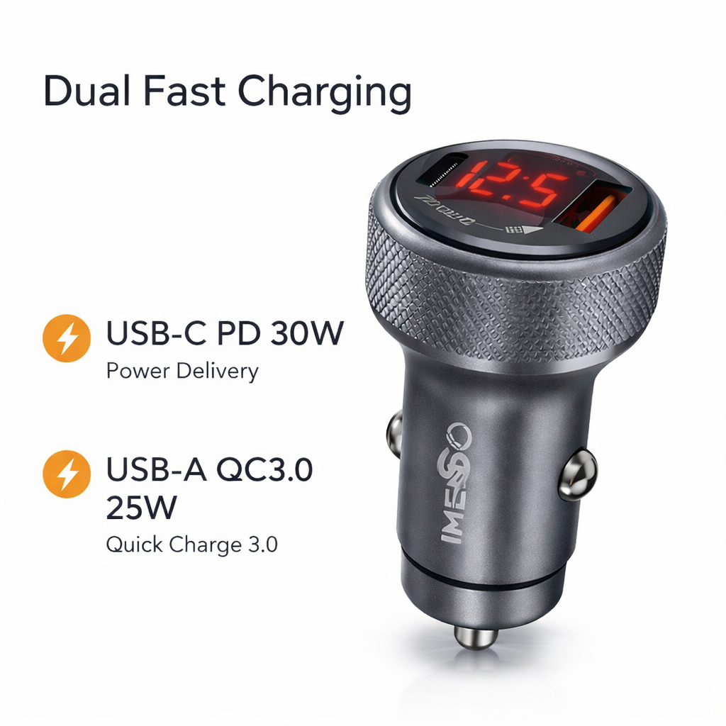 IMENSO 56W Dual Port Fast Car Charger with Real-Time Voltage Display