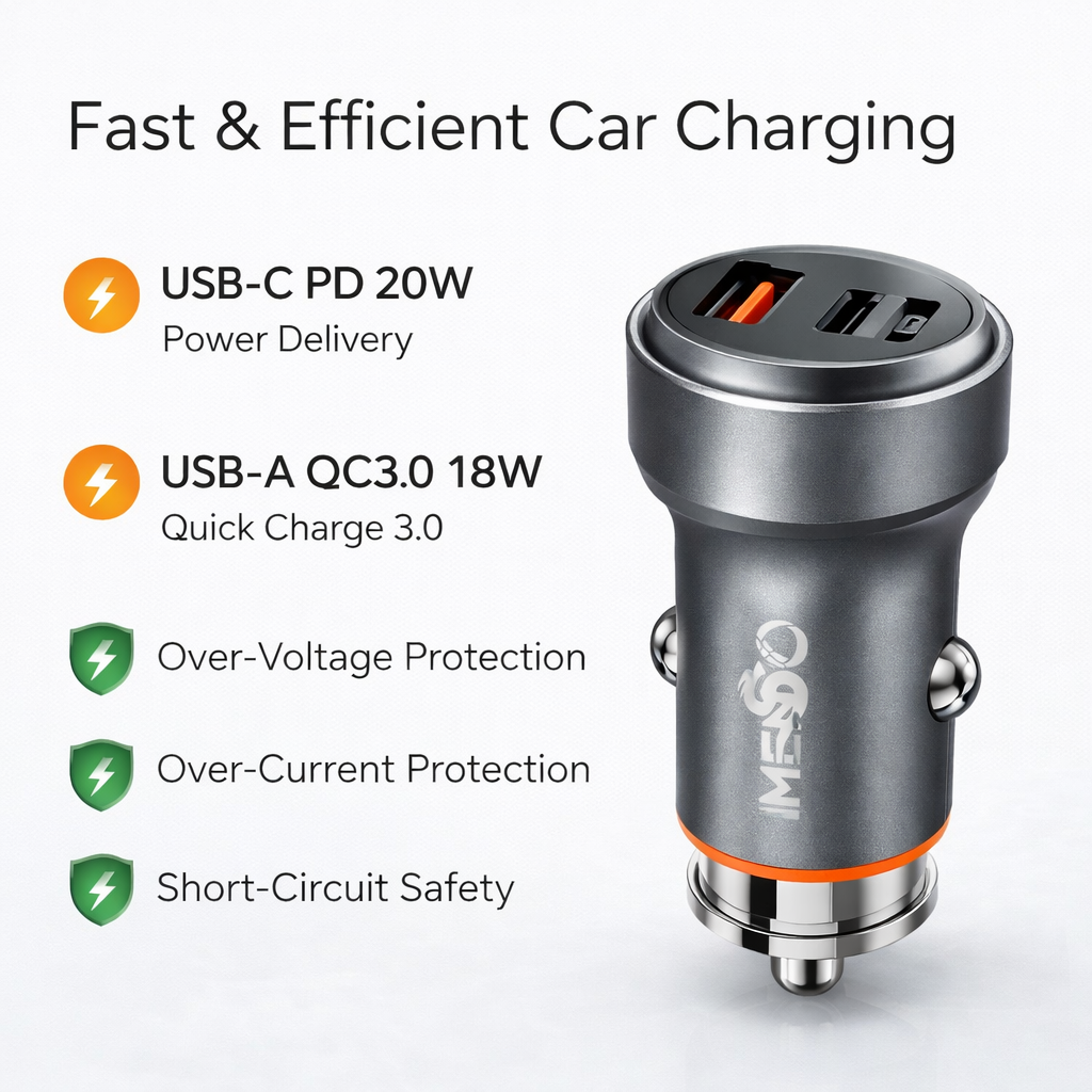 IMENSO 38W Dual Port Fast Car Charger (USB-C PD & USB-A QC 3.0)