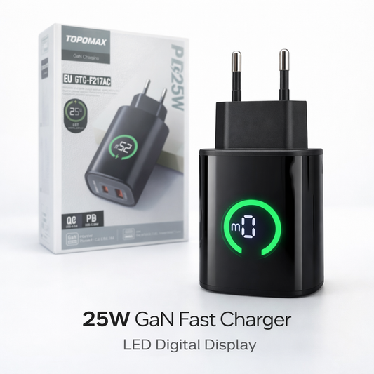 TOPOMAX 25W Dual Ports Fast Charger TTC-F217AC - QC3.0+PD with LED Power Display (EU Plug)