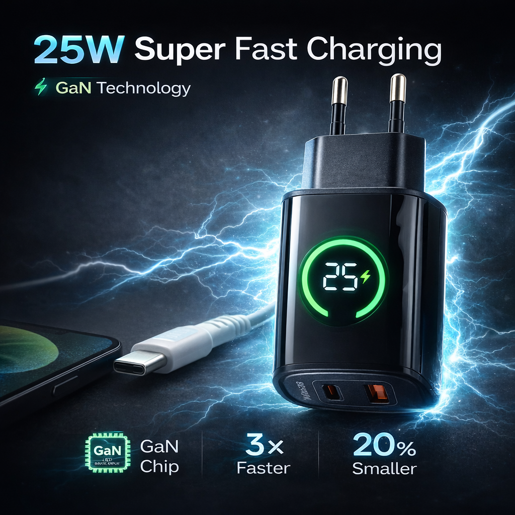 TOPOMAX 25W Dual Ports Fast Charger TTC-F217AC - QC3.0+PD with LED Power Display (EU Plug)