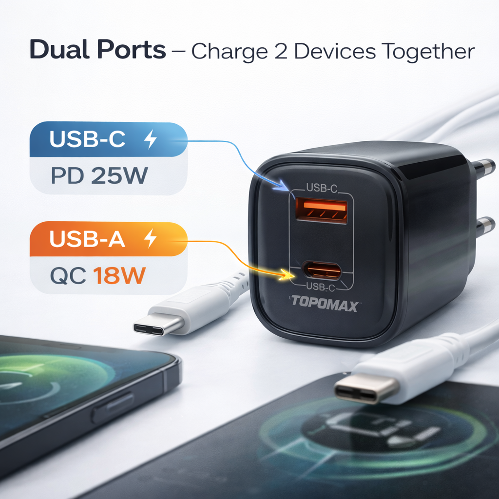 TOPOMAX 25W Dual Ports Fast Charger TTC-F217AC - QC3.0+PD with LED Power Display (EU Plug)
