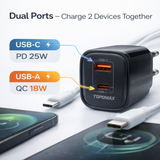 TOPOMAX 25W Dual Ports Fast Charger TTC-F217AC - QC3.0+PD with LED Power Display (EU Plug)