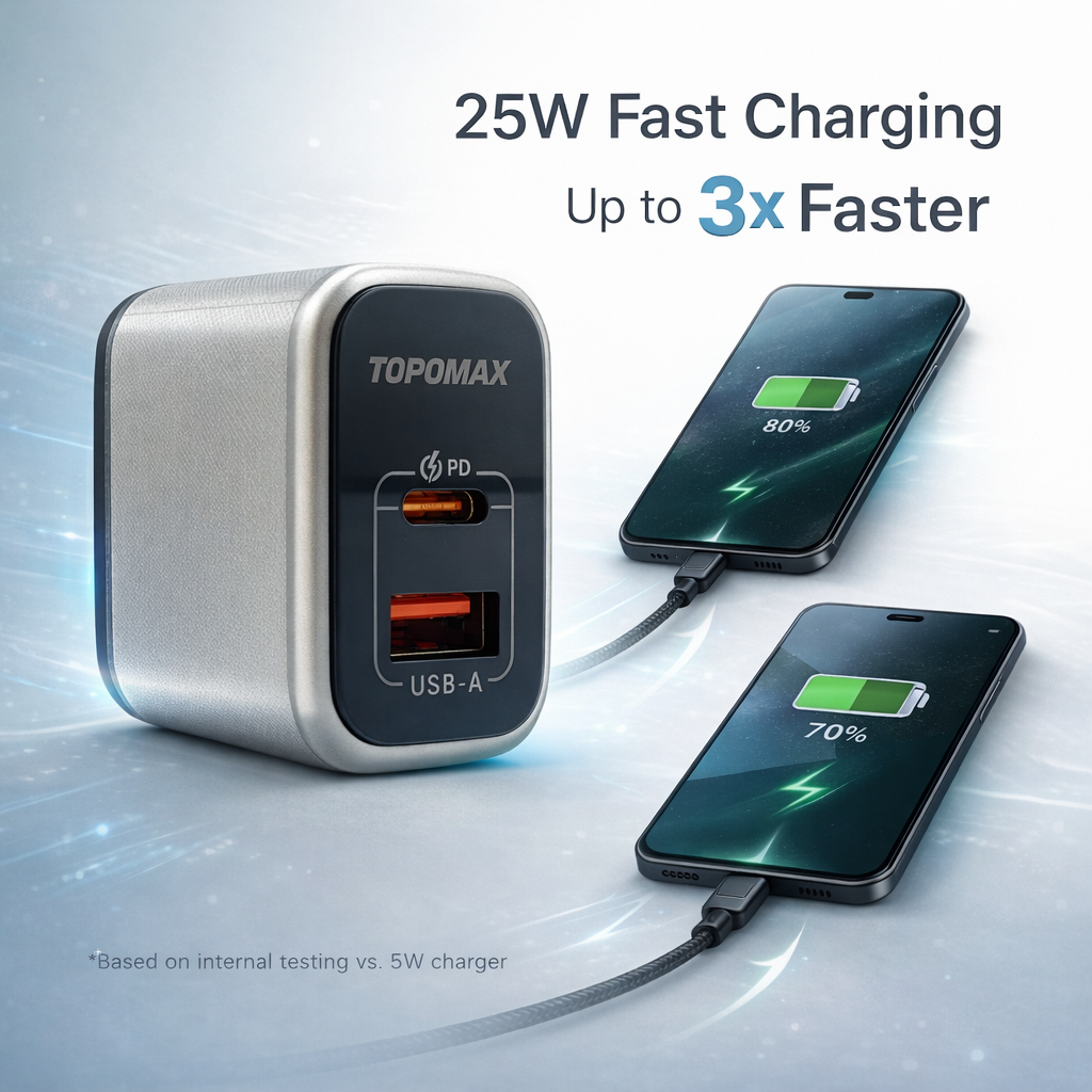 TOPOMAX GaN 25W Mini Quick Charger TTC-F209AC - PD+QC3.0 Dual Port US Plug (Silver/Grey)