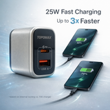 TOPOMAX GaN 25W Mini Quick Charger TTC-F209AC - PD+QC3.0 Dual Port US Plug (Silver/Grey)