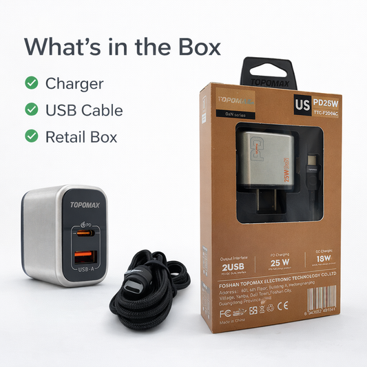 TOPOMAX GaN 25W Mini Quick Charger TTC-F209AC - PD+QC3.0 Dual Port US Plug (Silver/Grey)