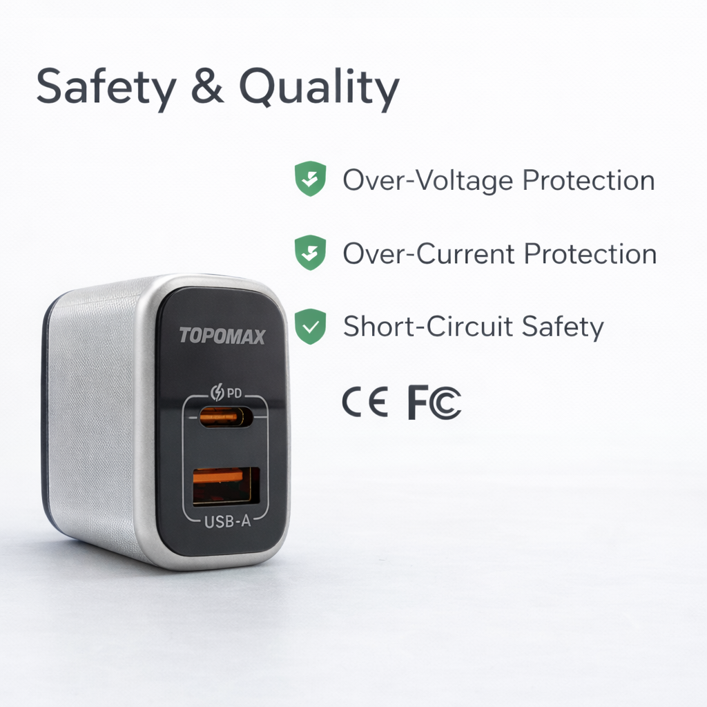 TOPOMAX GaN 25W Mini Quick Charger TTC-F209AC - PD+QC3.0 Dual Port US Plug (Silver/Grey)