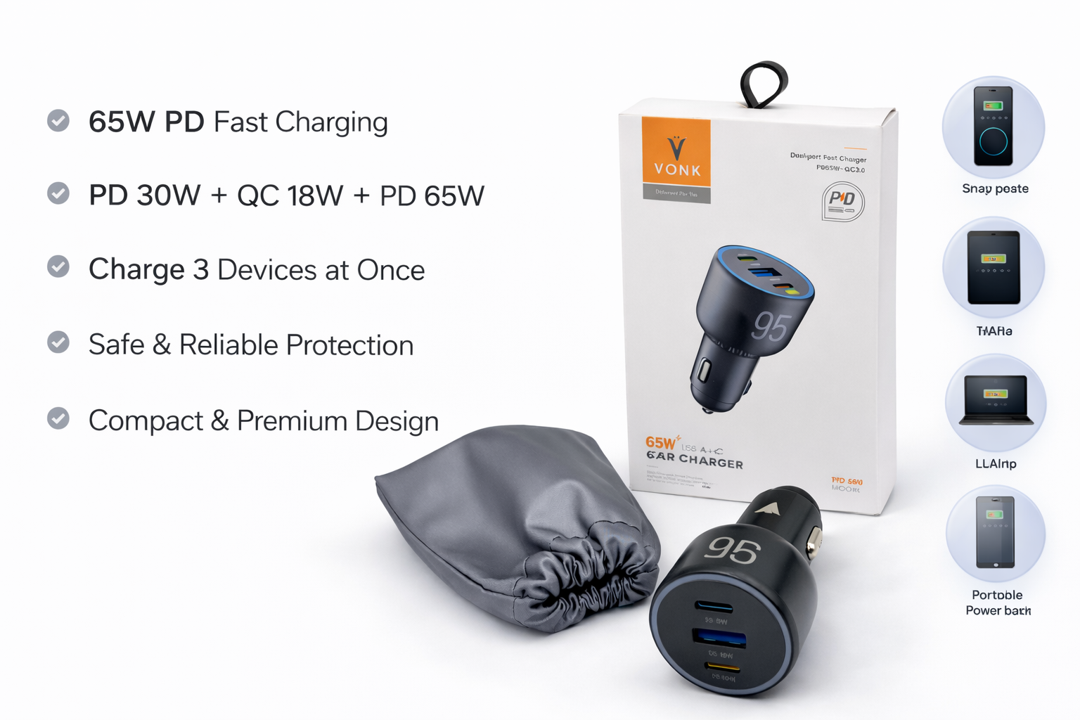 VONK 95W Triple Port Fast Car Charger