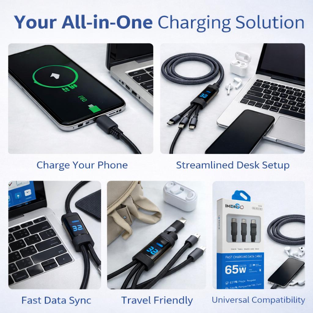IMENSO 3-in-1 65W Fast Charging Cable with Digital Power Display