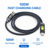 IMENSO 100W USB-A to USB-C Fast Charging Data Cable with Smart LED Indicator