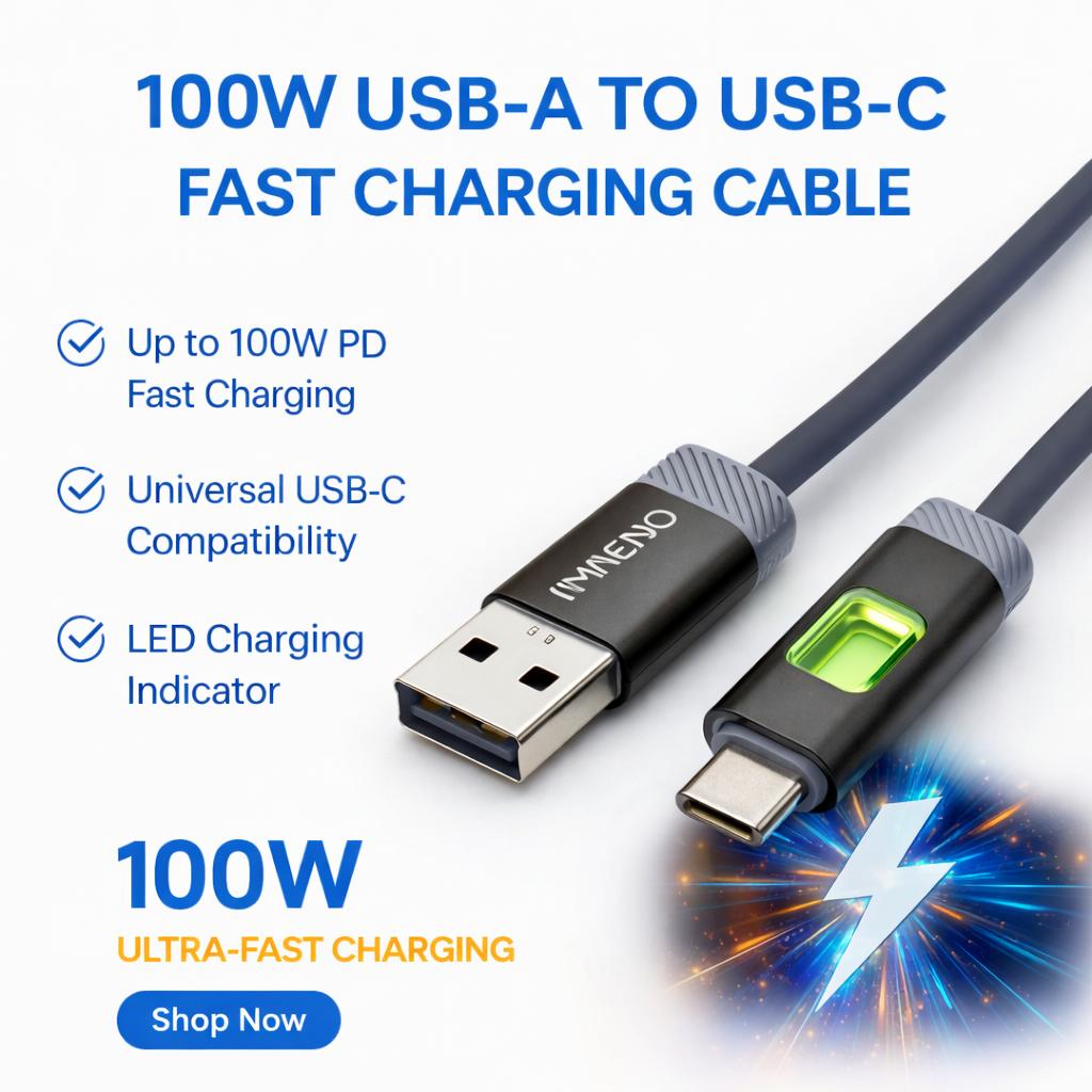 IMENSO 100W USB-A to USB-C Fast Charging Data Cable with Smart LED Indicator