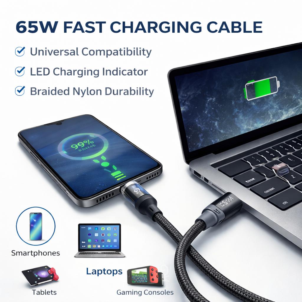 IMENSO 65W Fast Charging USB-C to USB-C Cable with Smart LED Display