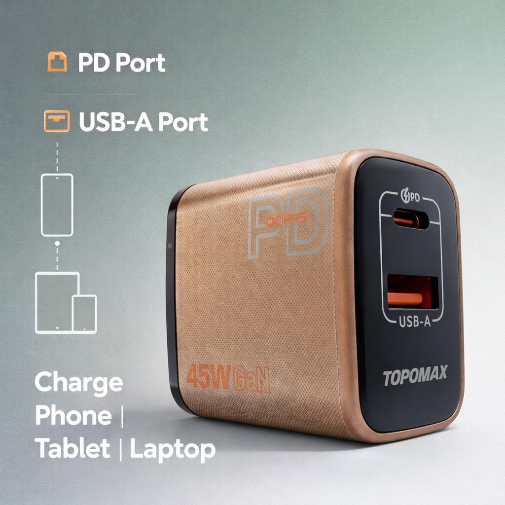 TOPOMAX 45W GaN Dual Port Super Fast Charger - USB-C PD & USB-A QC