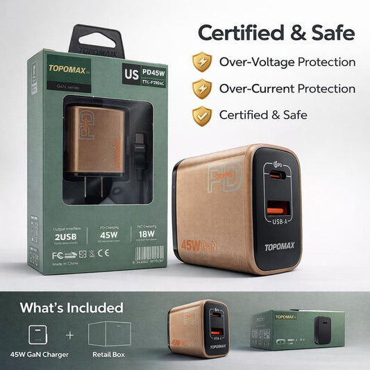 TOPOMAX 45W GaN Dual Port Super Fast Charger - USB-C PD & USB-A QC