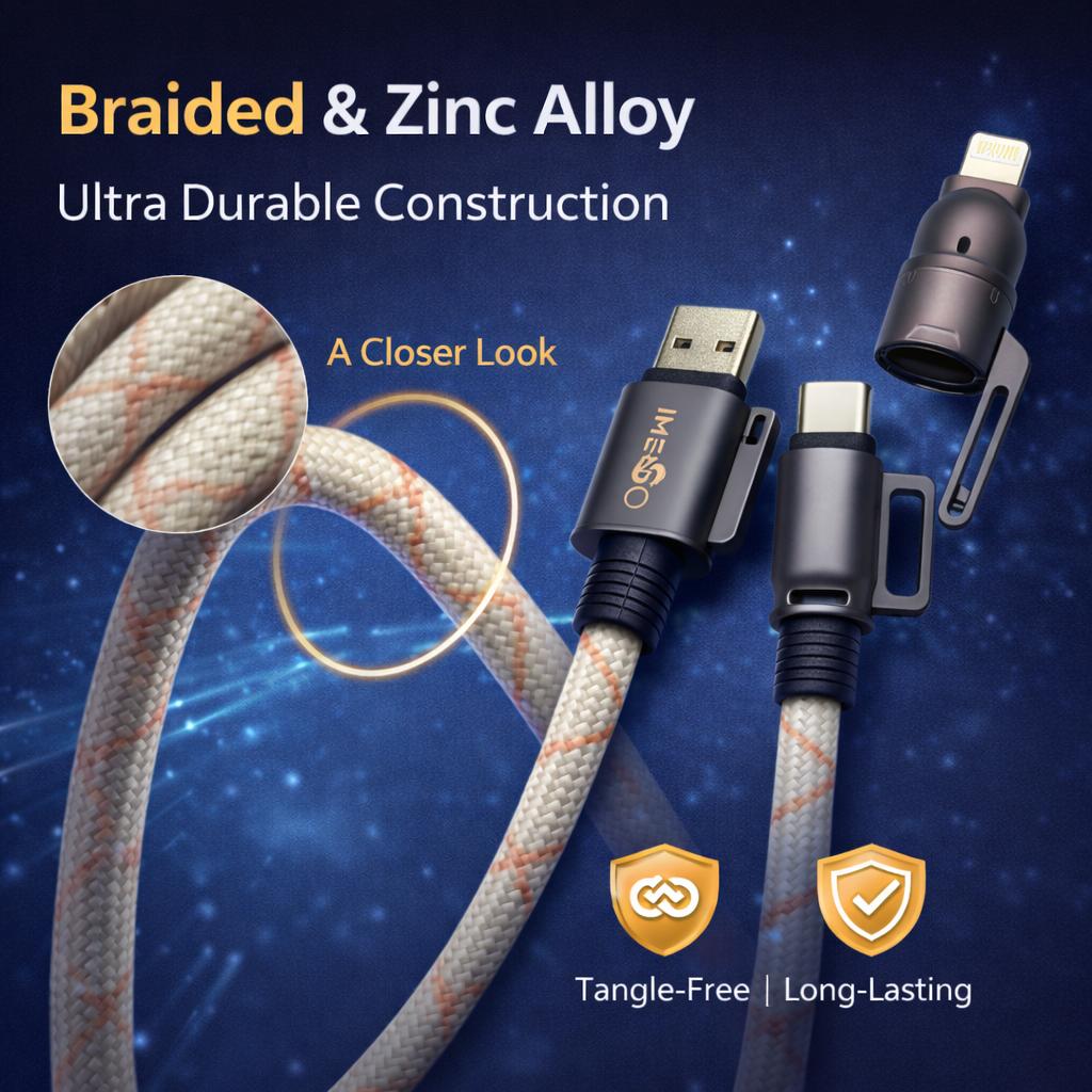 IMENSO 65W 4-in-1 Multi-Connector Braided Fast Charging & Data Cable