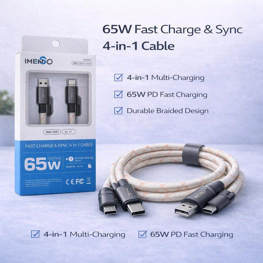 IMENSO 65W 4-in-1 Multi-Connector Braided Fast Charging & Data Cable