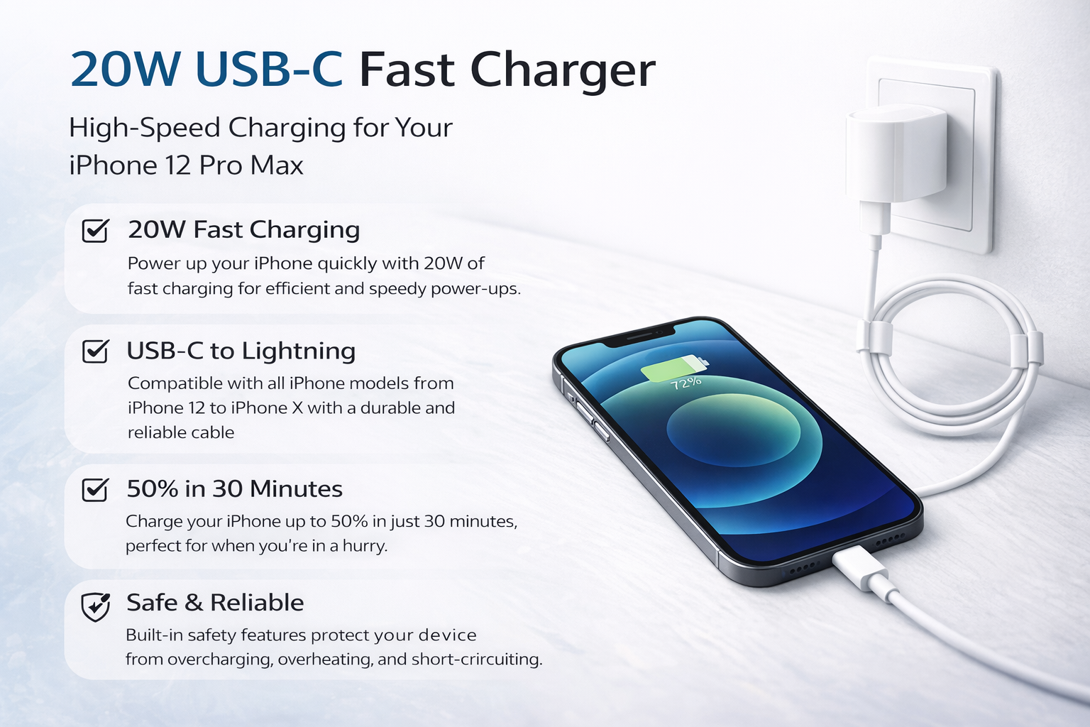 20W USB-C Fast Charger for iPhone 12 Pro Max