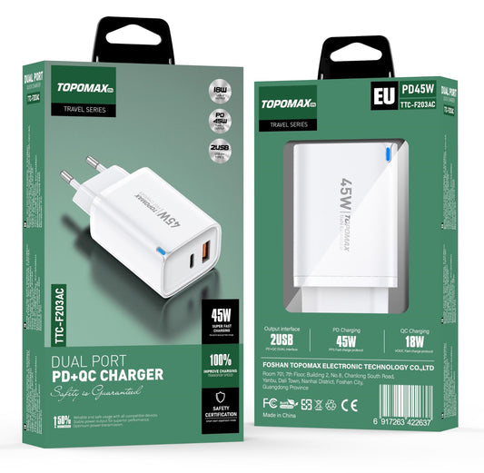 TOPOMAX 45W Dual Port Fast Wall Charger | PD 45W & QC 3.0 | Compact Travel Adapter
