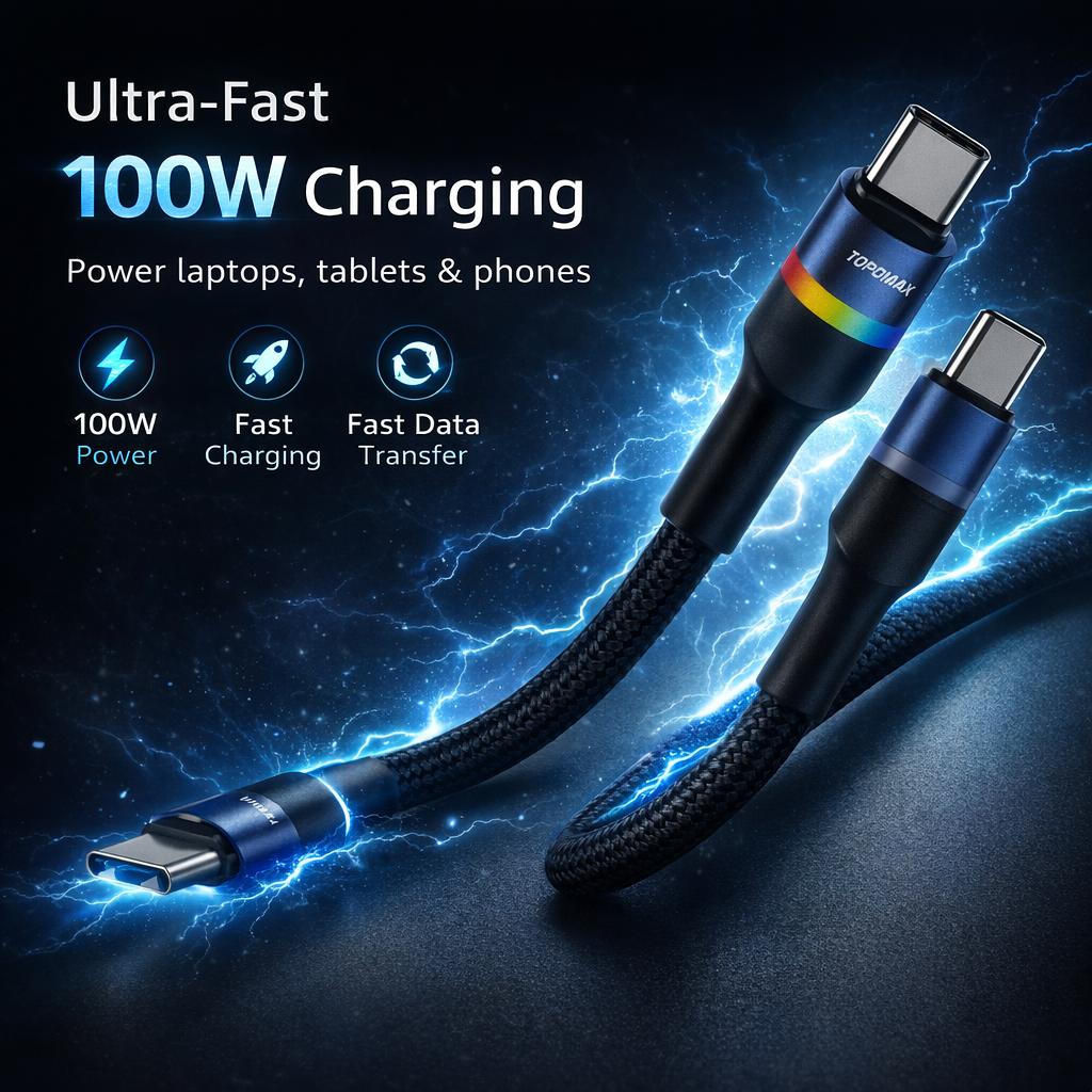TOPOMAX TC-305CC | 100W PD Ultra-Fast USB-C to USB-C Intelligent Glow Charging Cable