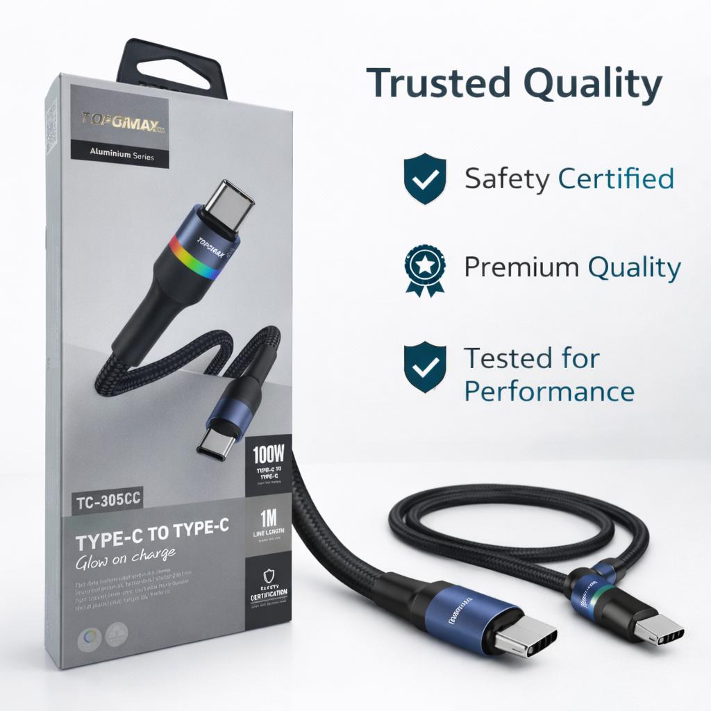 TOPOMAX TC-305CC | 100W PD Ultra-Fast USB-C to USB-C Intelligent Glow Charging Cable