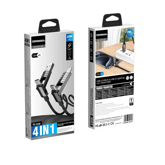 TOPOMAX 60W 4-in-1 Travel Cable TC-318 - USB-C/USB-A to USB-C/Lightning (1.2m/4ft)